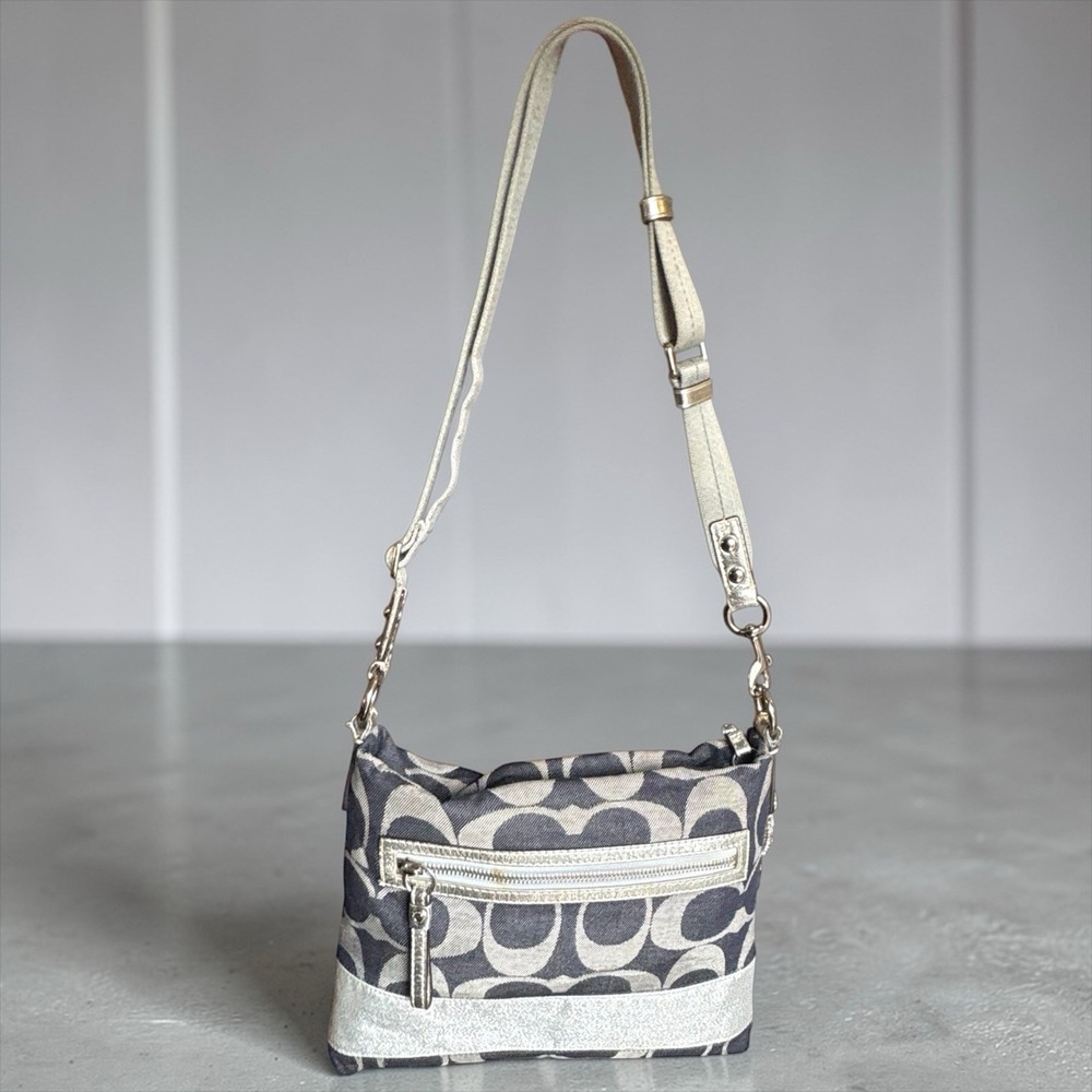 Vintage Y2K Coach Carly Signature Blue Denim Silver Stripe Hobo Satchel Purse - Picture 2 of 12